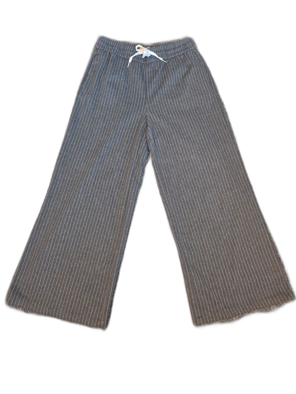 Wide-Leg Pinstripe Pants with Drawstring Waist - Gray With White Stripes